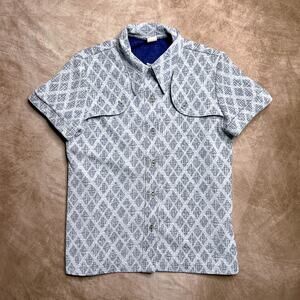 Vintage 70s Diamond Print Button Up Shirt Heavyweight Blue Short Sleeve Retro